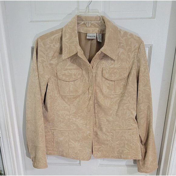 Chico's Womens Corduroy Cord Jacket Embossed Light Khaki w/ Front Pockets Size 2 - Picture 4 of 13